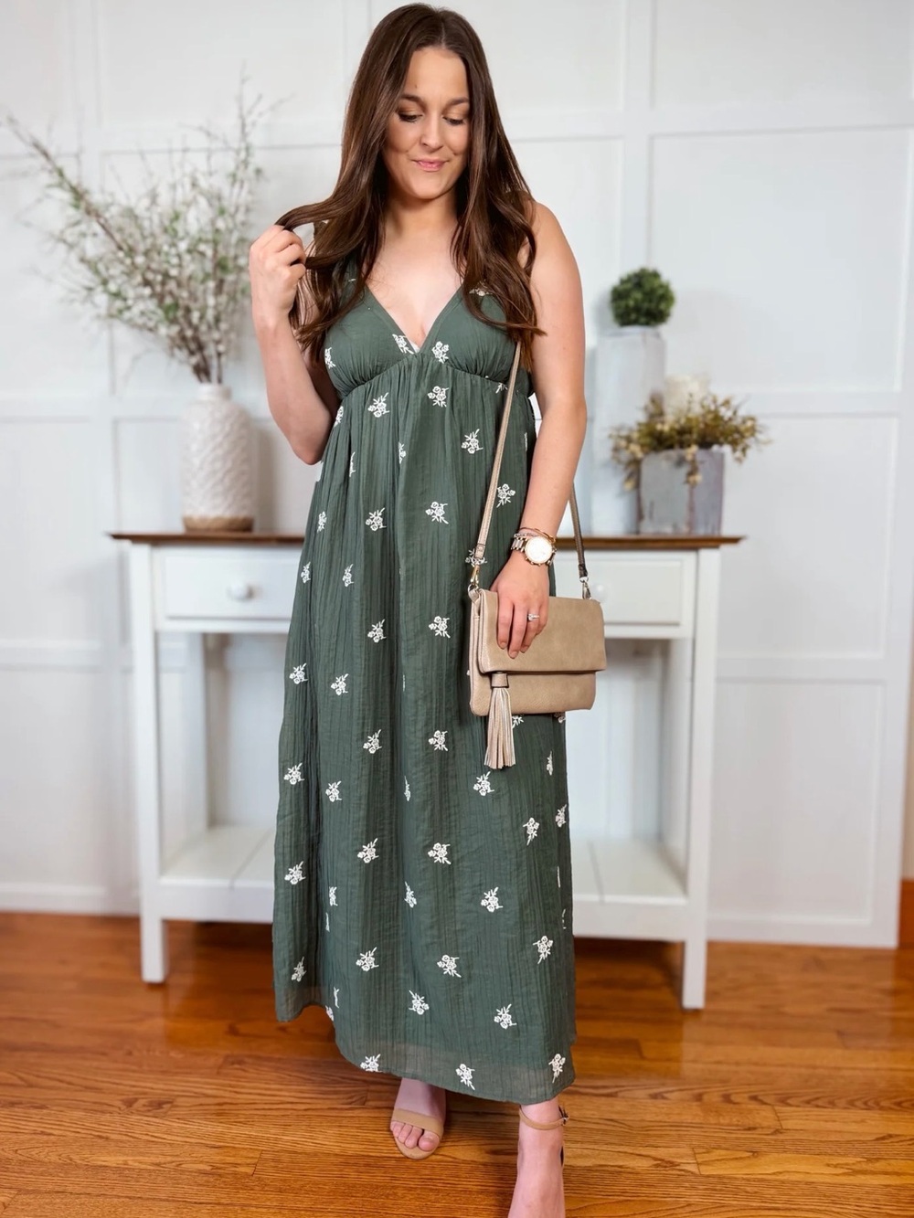 Wishlist Olive Green Floral Maxi Dress with V-Neck